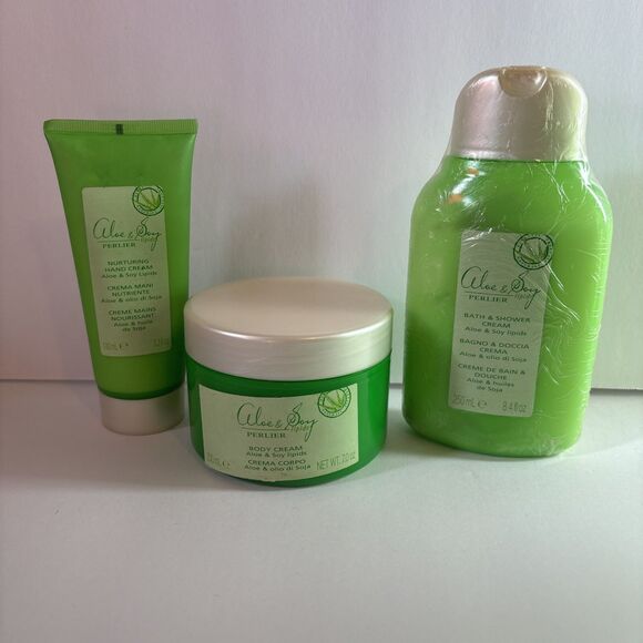 Perlier Aloe & Soy Lipids Bath & Shower Cream, Body + Hand Cream. 3 pc set